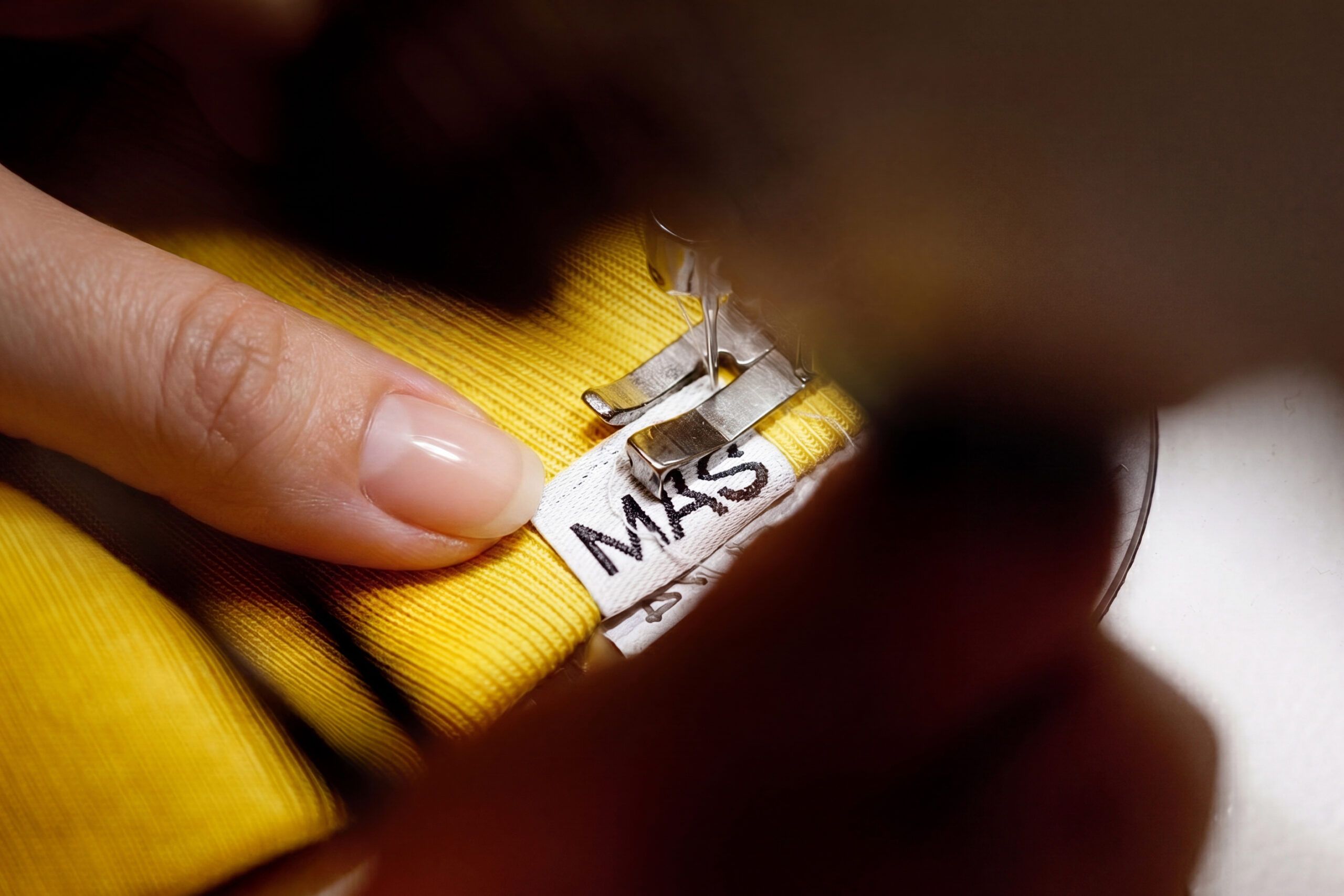 A hand holding a yellow workwear garment with the Mas label stitched into the seam