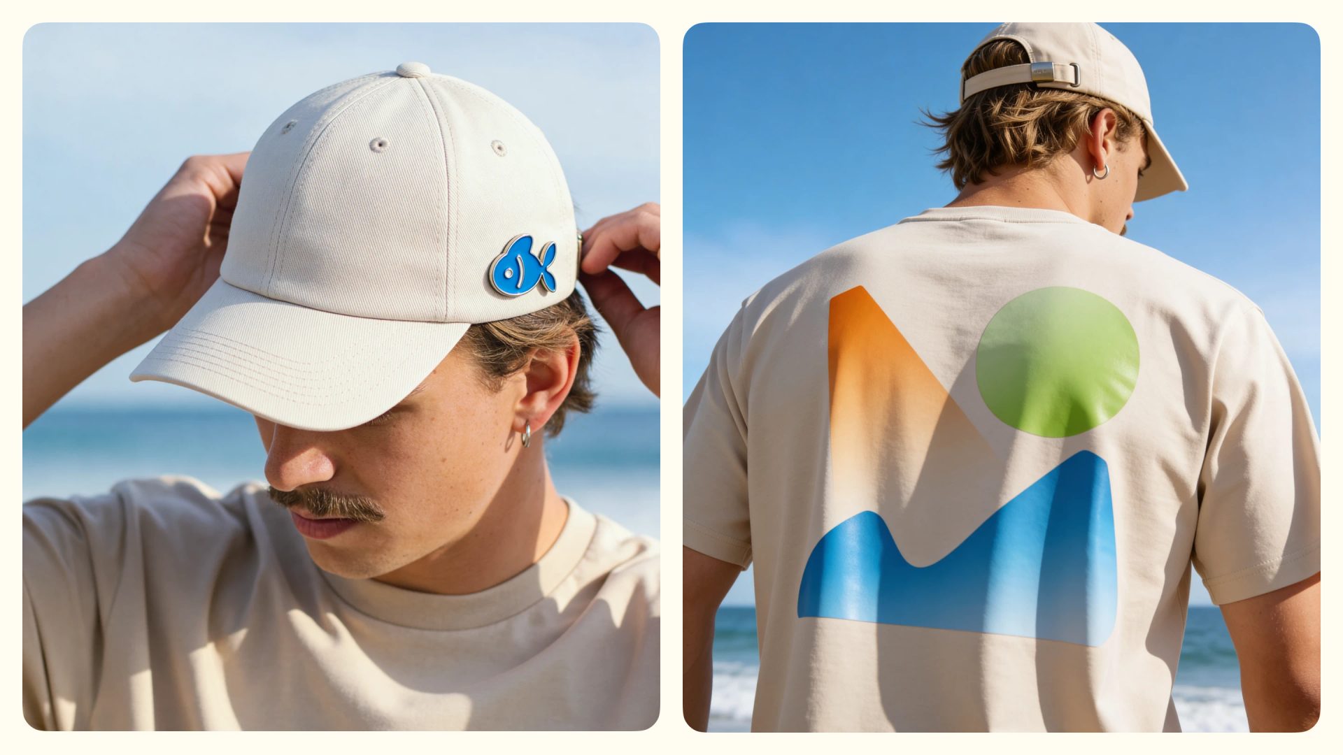 Two-panel beach photo of a man in a cream cap with a blue fish pin and a cream T-shirt with orange, green and blue shapes.