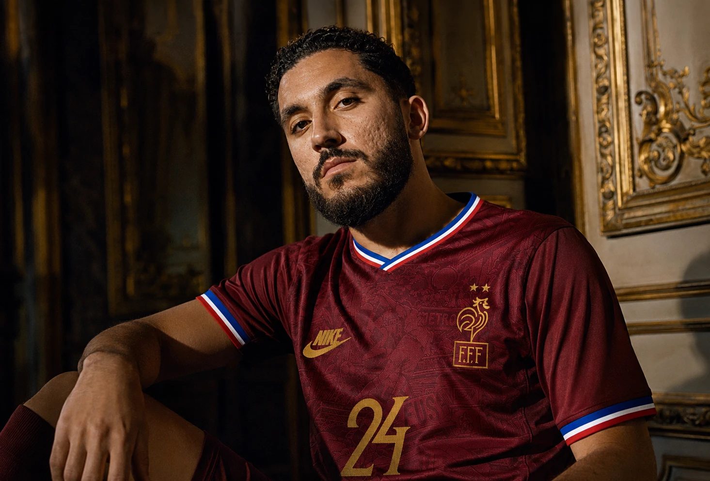 Footballer seated in an ornate gold interior wearing a burgundy France jersey with gold NIKE, F.F.F and 24 markings.
