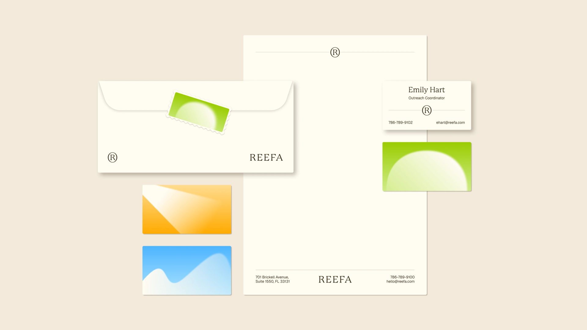 Cream REEFA stationery set with letterhead, envelope, Emily Hart business card, and green, orange and blue graphic cards.