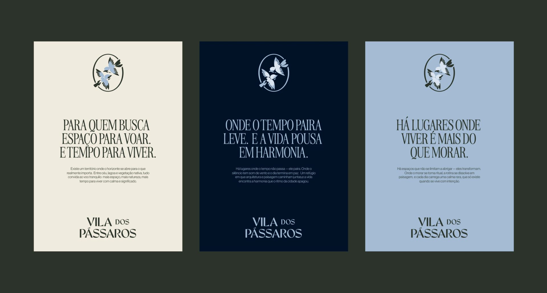 Three cream, navy and pale blue posters feature bird emblems, Portuguese copy and the brand text “VILA DOS PÁSSAROS”.