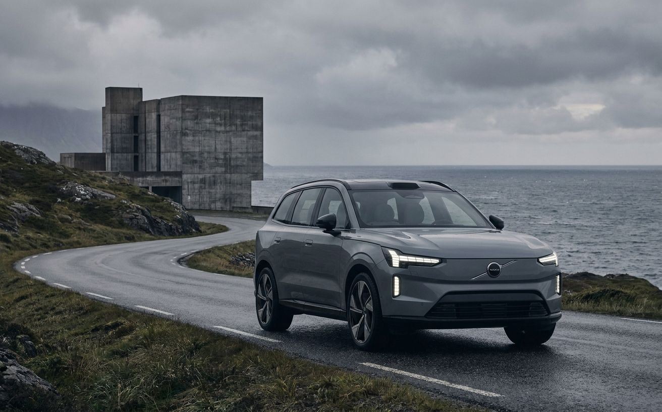A contemporary Volvo parked on a Scandinavian coastal road with the iconic Thor's Hammer headlights, overcast Nordic light, desaturated palette
