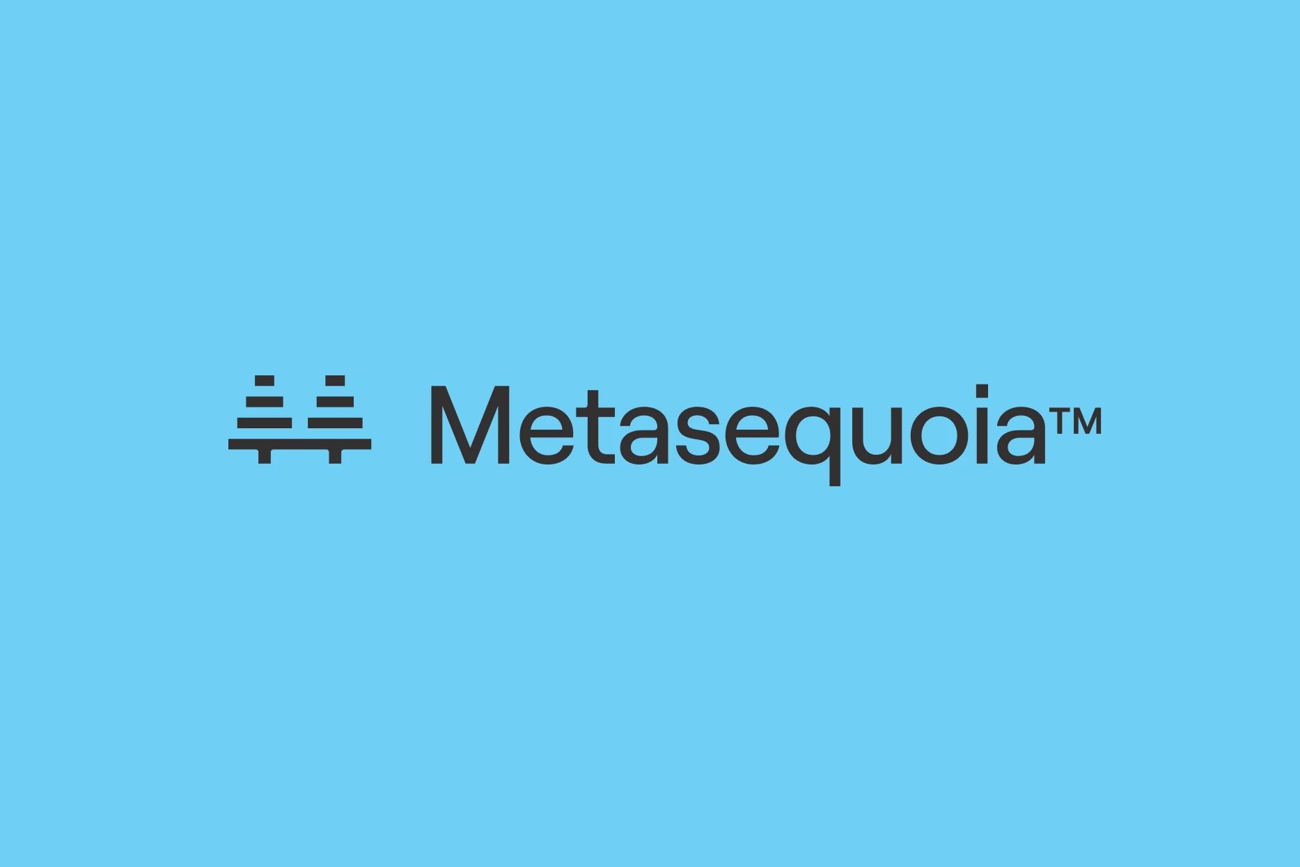 Black Metasequoia™ wordmark and geometric tree symbol centered on a solid light blue background.