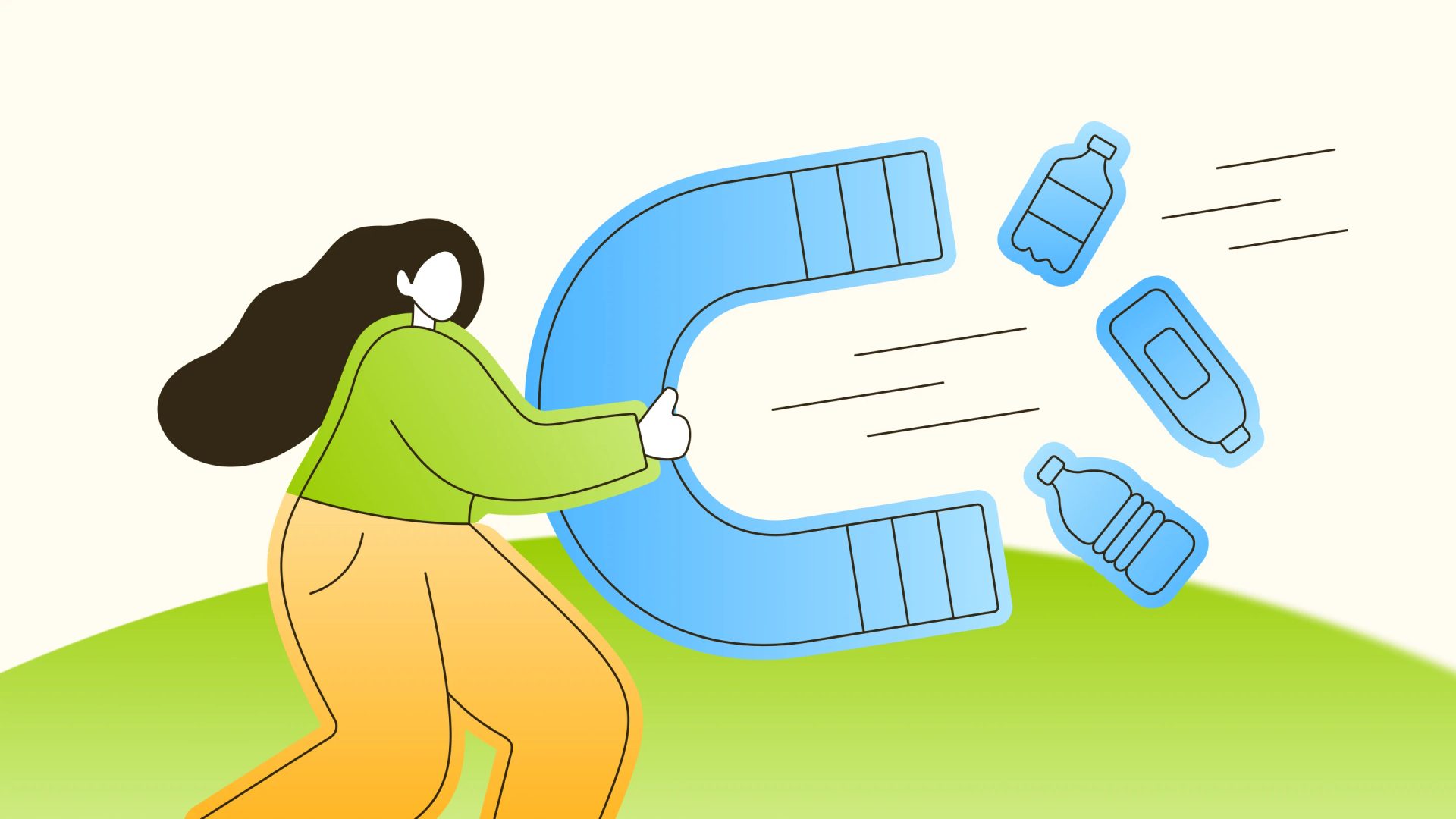 Illustration of a woman in green and yellow holding a blue magnet that attracts three plastic bottles over a green hill.