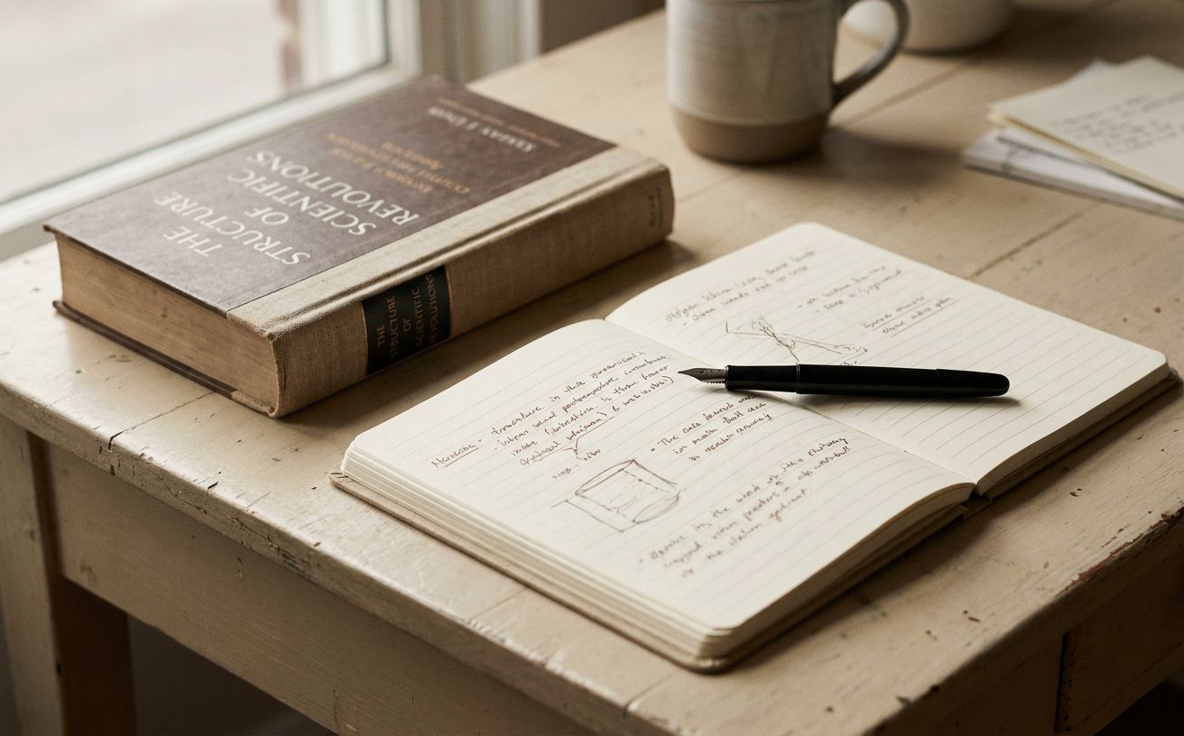 A physical book, notebook, and pen on a pale neutral surface — researcher's desk aesthetic with soft natural window light, warm monochrome palette evoking academic restraint