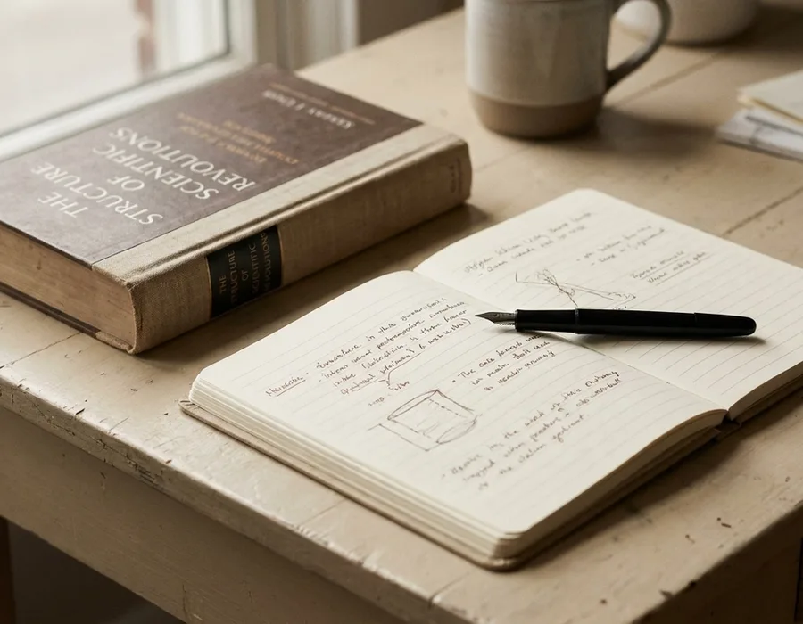 A physical book, notebook, and pen on a pale neutral surface — researcher's desk aesthetic with soft natural window light, warm monochrome palette evoking academic restraint