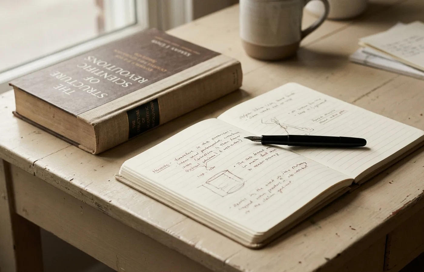 A physical book, notebook, and pen on a pale neutral surface — researcher's desk aesthetic with soft natural window light, warm monochrome palette evoking academic restraint
