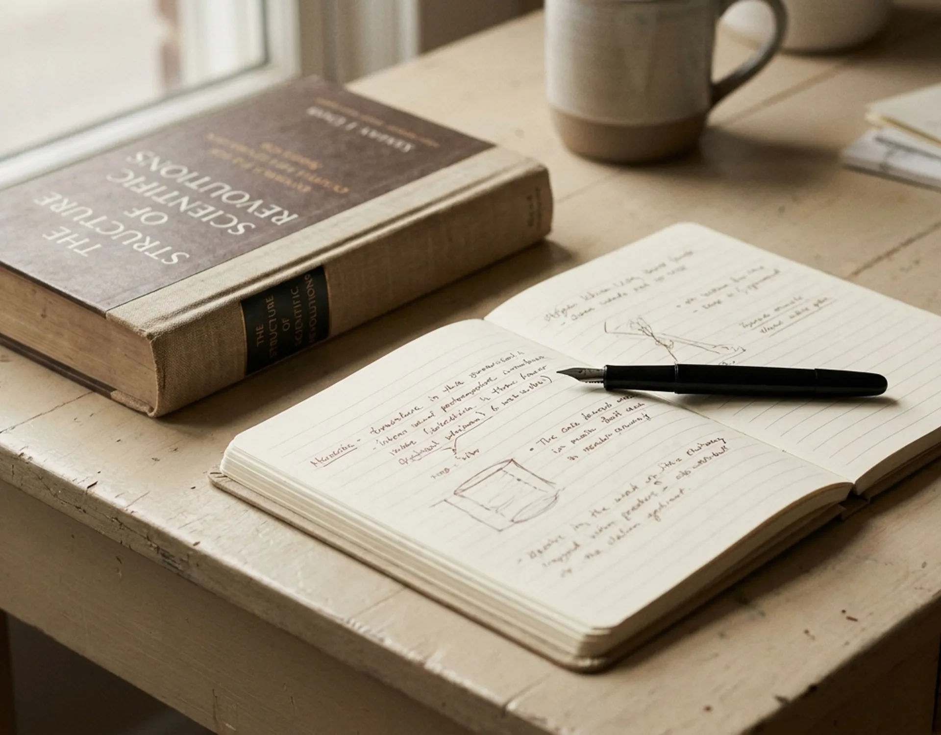 A physical book, notebook, and pen on a pale neutral surface — researcher's desk aesthetic with soft natural window light, warm monochrome palette evoking academic restraint