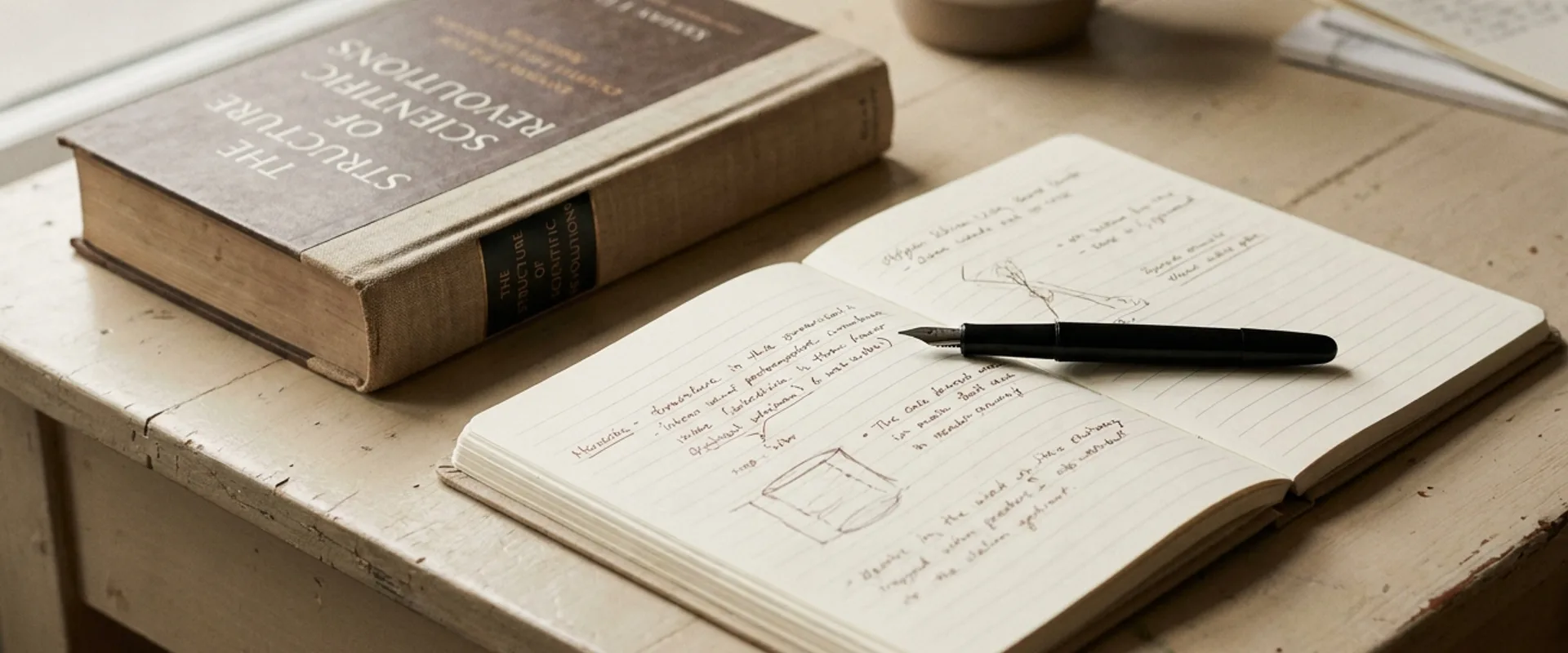 A physical book, notebook, and pen on a pale neutral surface — researcher's desk aesthetic with soft natural window light, warm monochrome palette evoking academic restraint