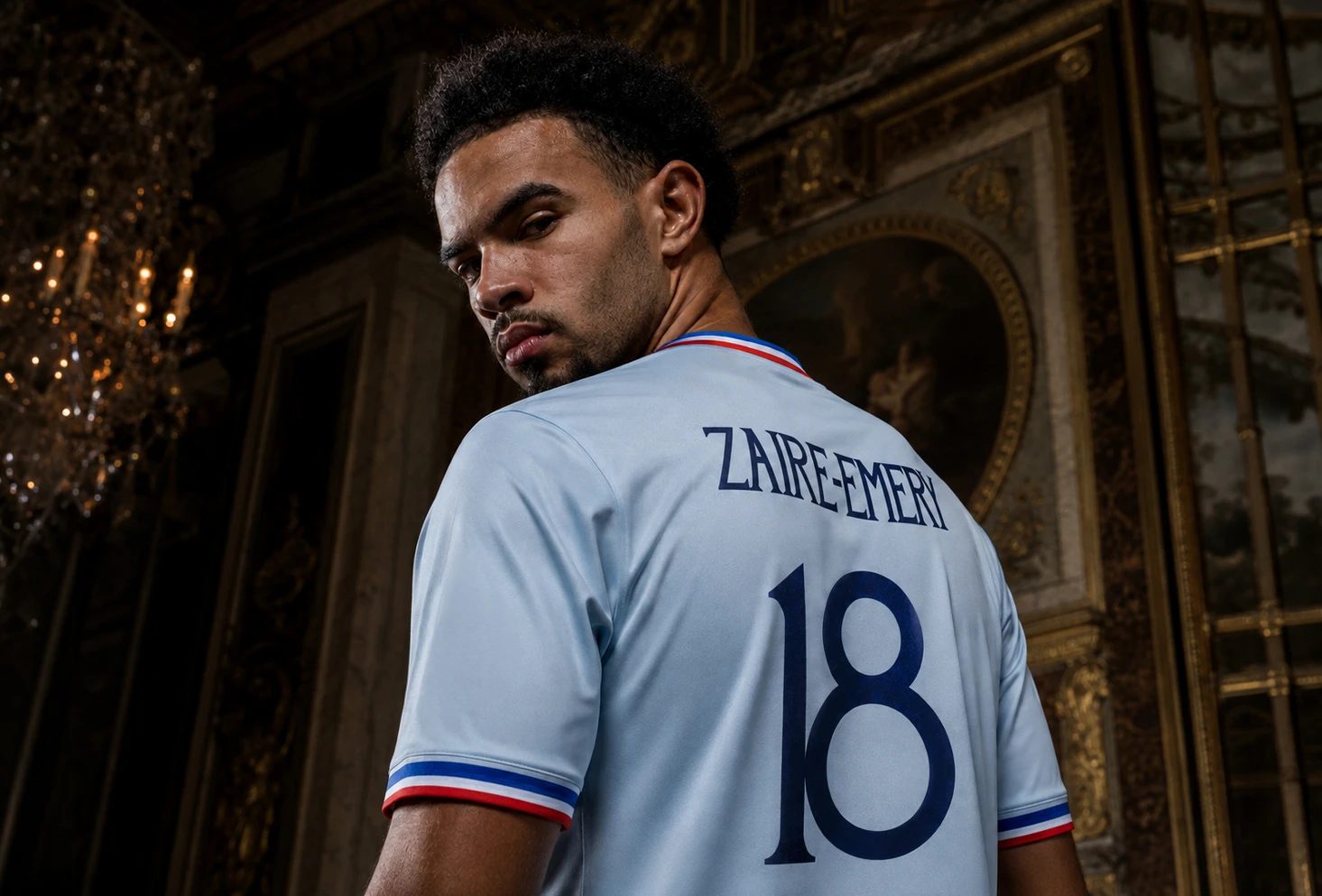 Footballer wears a pale blue jersey with navy “ZAIRE-EMERY” and “18”, framed by red, white and blue trim in a gilded room.