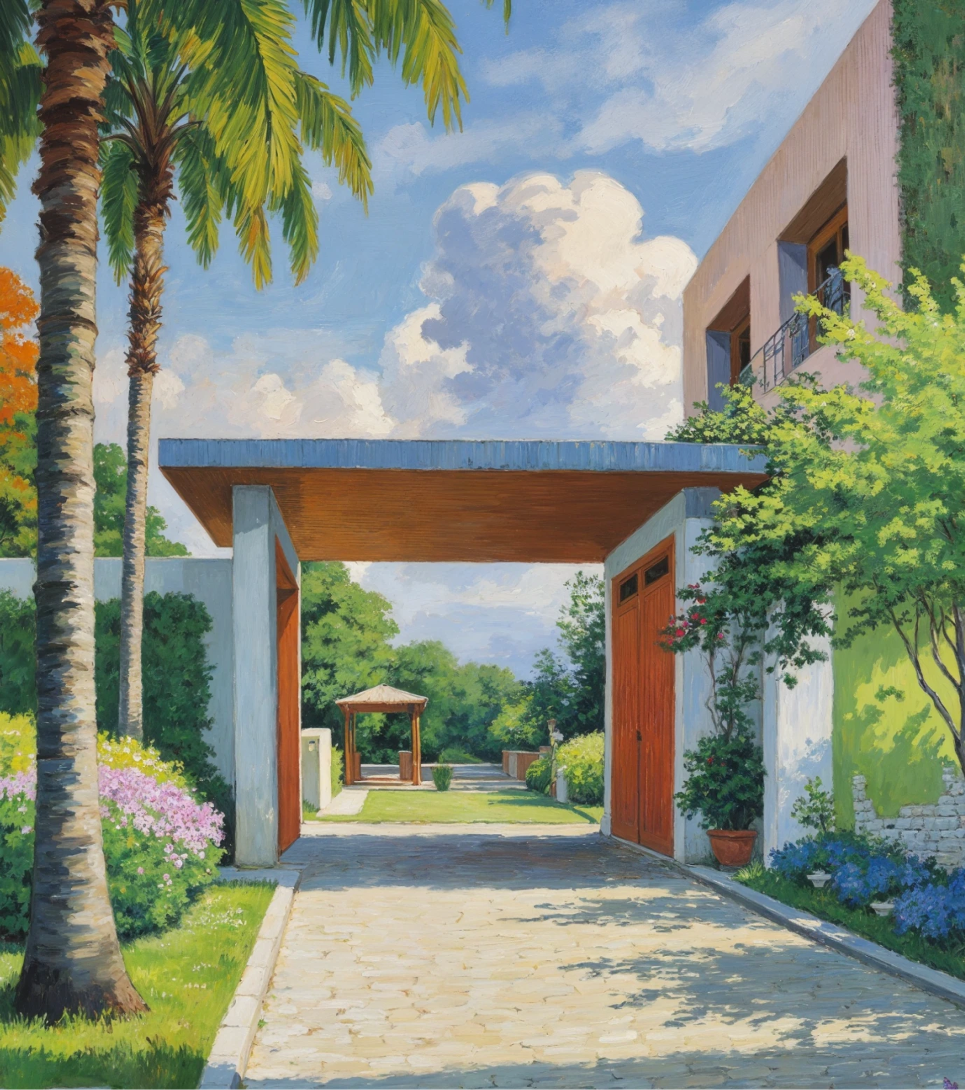 Illustration of a gated residence with wooden doors, palm trees and green gardens beneath a blue, cloud-filled sky.