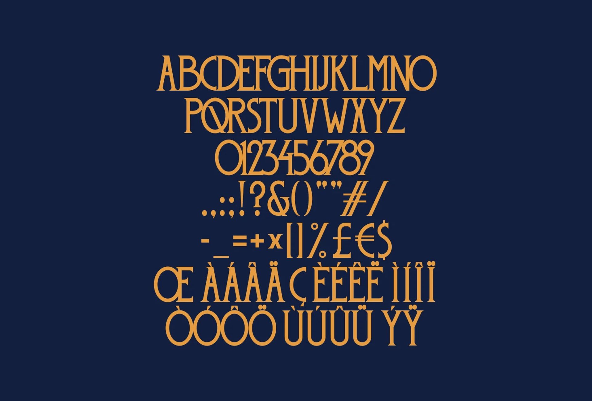 Orange type specimen showing A-Z, 0-9, punctuation and accented characters, centered in rows on a navy background.