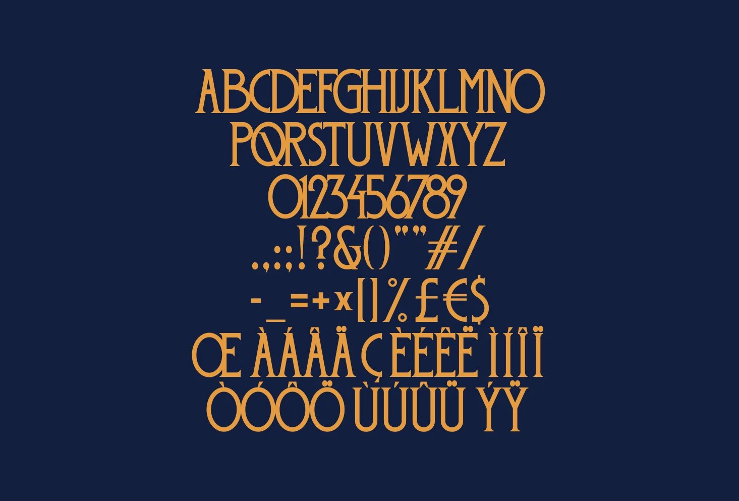 Orange type specimen showing A-Z, 0-9, punctuation and accented characters, centered in rows on a navy background.