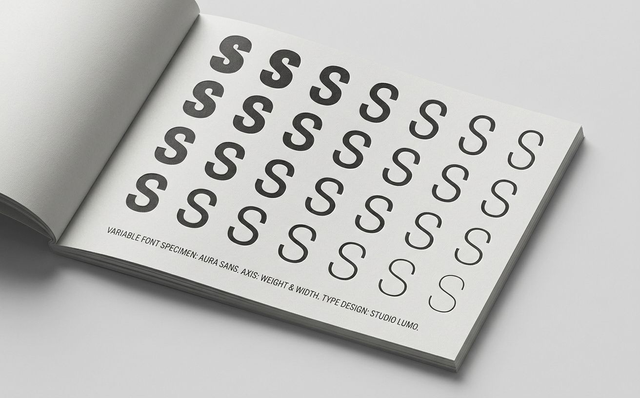 A typographic specimen showing variable font axes — the same letter at multiple weights and widths on a neutral studio background