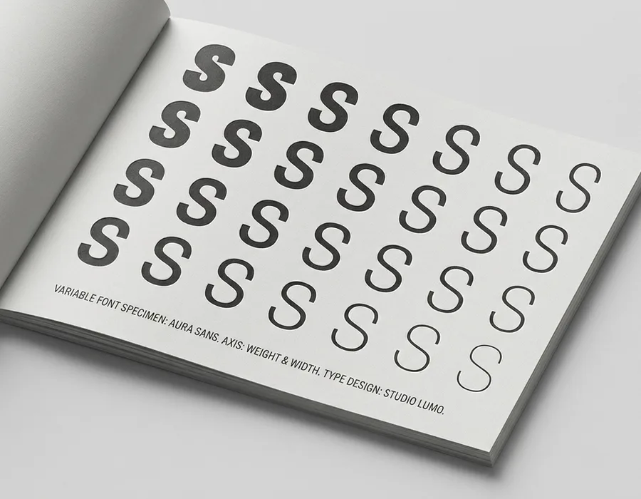 A typographic specimen showing variable font axes — the same letter at multiple weights and widths on a neutral studio background