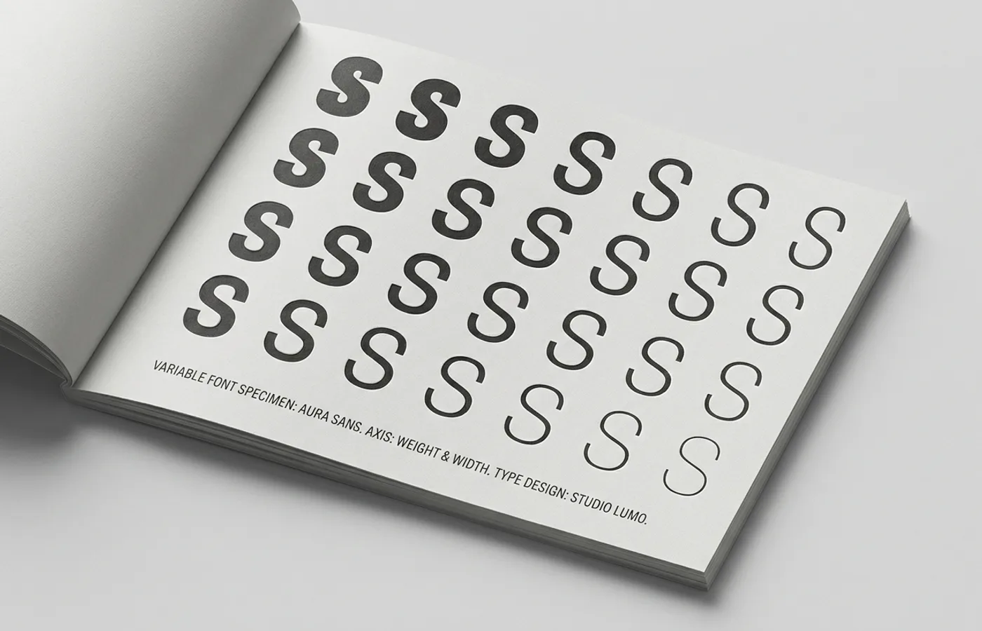 A typographic specimen showing variable font axes — the same letter at multiple weights and widths on a neutral studio background