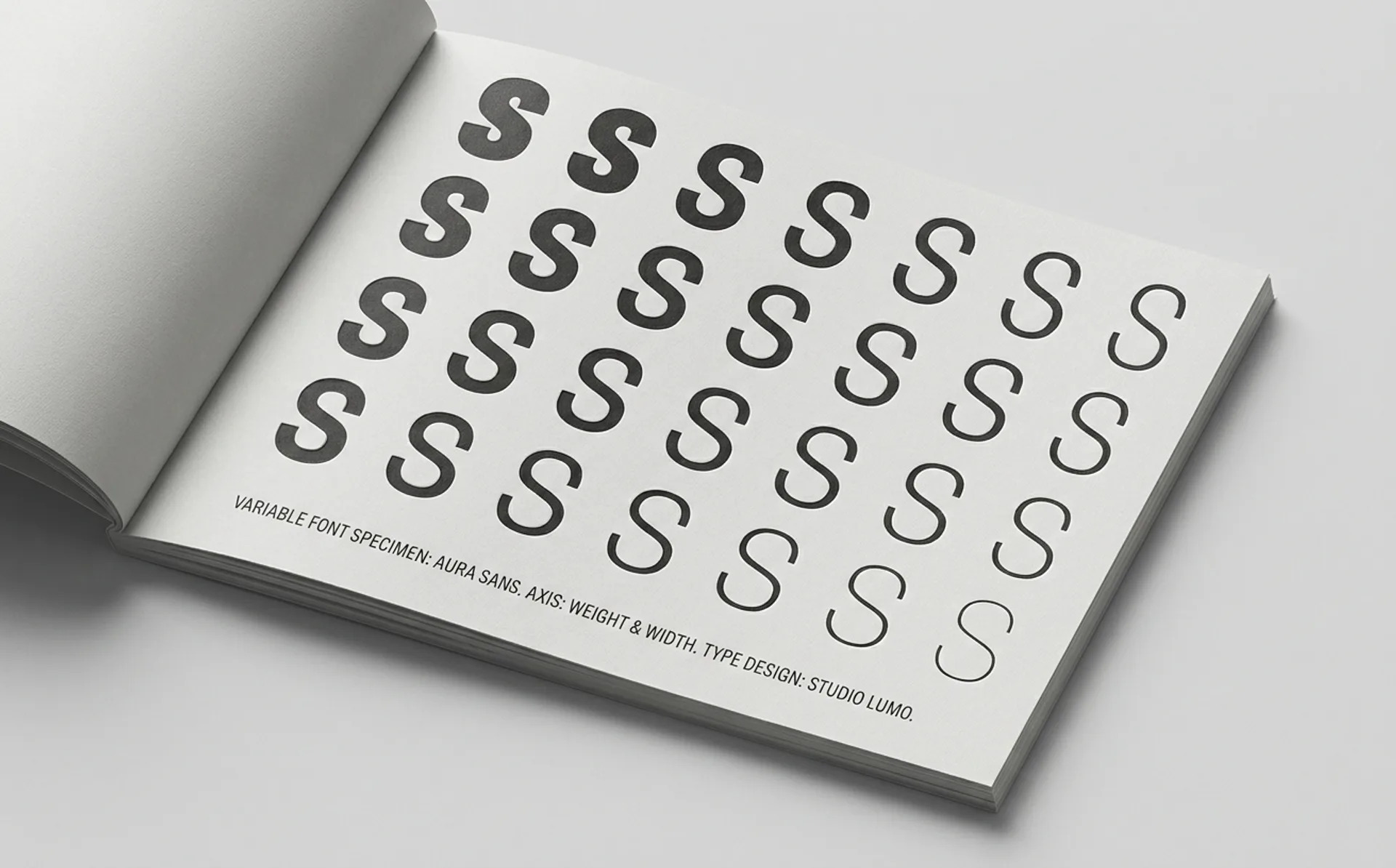 A typographic specimen showing variable font axes — the same letter at multiple weights and widths on a neutral studio background
