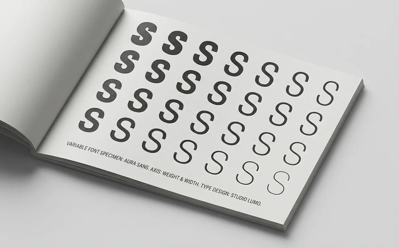 A typographic specimen showing variable font axes — the same letter at multiple weights and widths on a neutral studio background