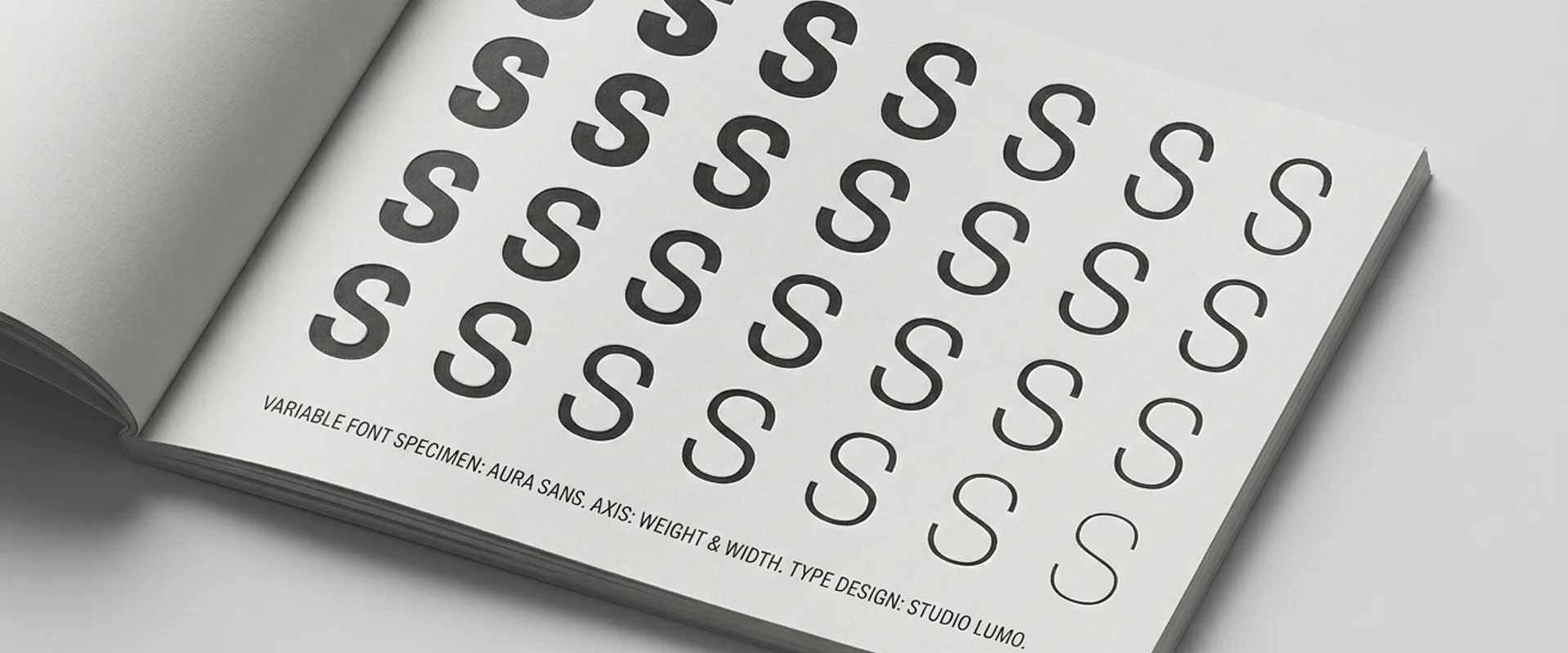 A typographic specimen showing variable font axes — the same letter at multiple weights and widths on a neutral studio background