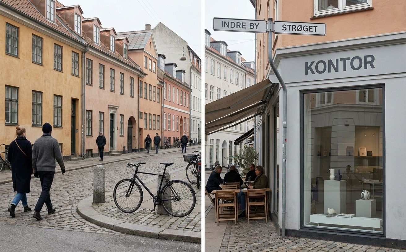 A Copenhagen street scene with colorful townhouses, minimalist signage, a designer bike, and a Scandinavian storefront under soft overcast Nordic light