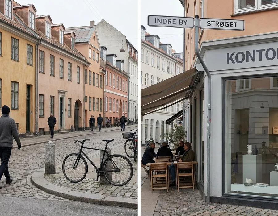 A Copenhagen street scene with colorful townhouses, minimalist signage, a designer bike, and a Scandinavian storefront under soft overcast Nordic light