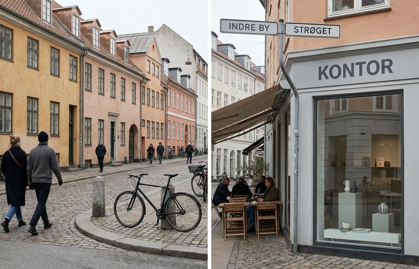 A Copenhagen street scene with colorful townhouses, minimalist signage, a designer bike, and a Scandinavian storefront under soft overcast Nordic light
