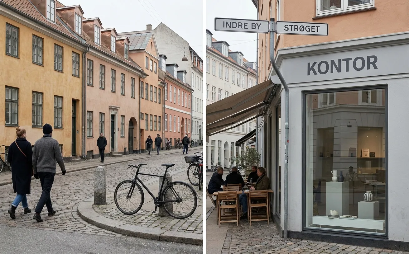 A Copenhagen street scene with colorful townhouses, minimalist signage, a designer bike, and a Scandinavian storefront under soft overcast Nordic light