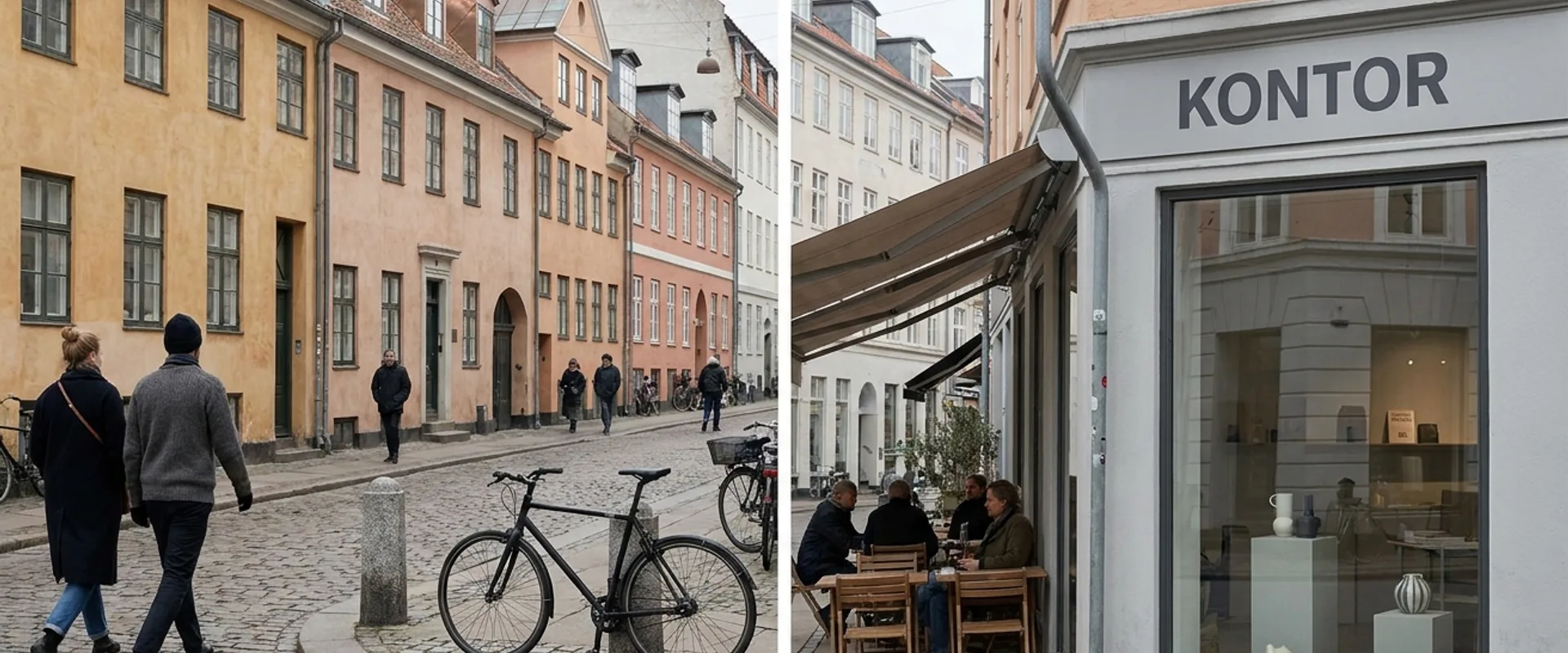 A Copenhagen street scene with colorful townhouses, minimalist signage, a designer bike, and a Scandinavian storefront under soft overcast Nordic light
