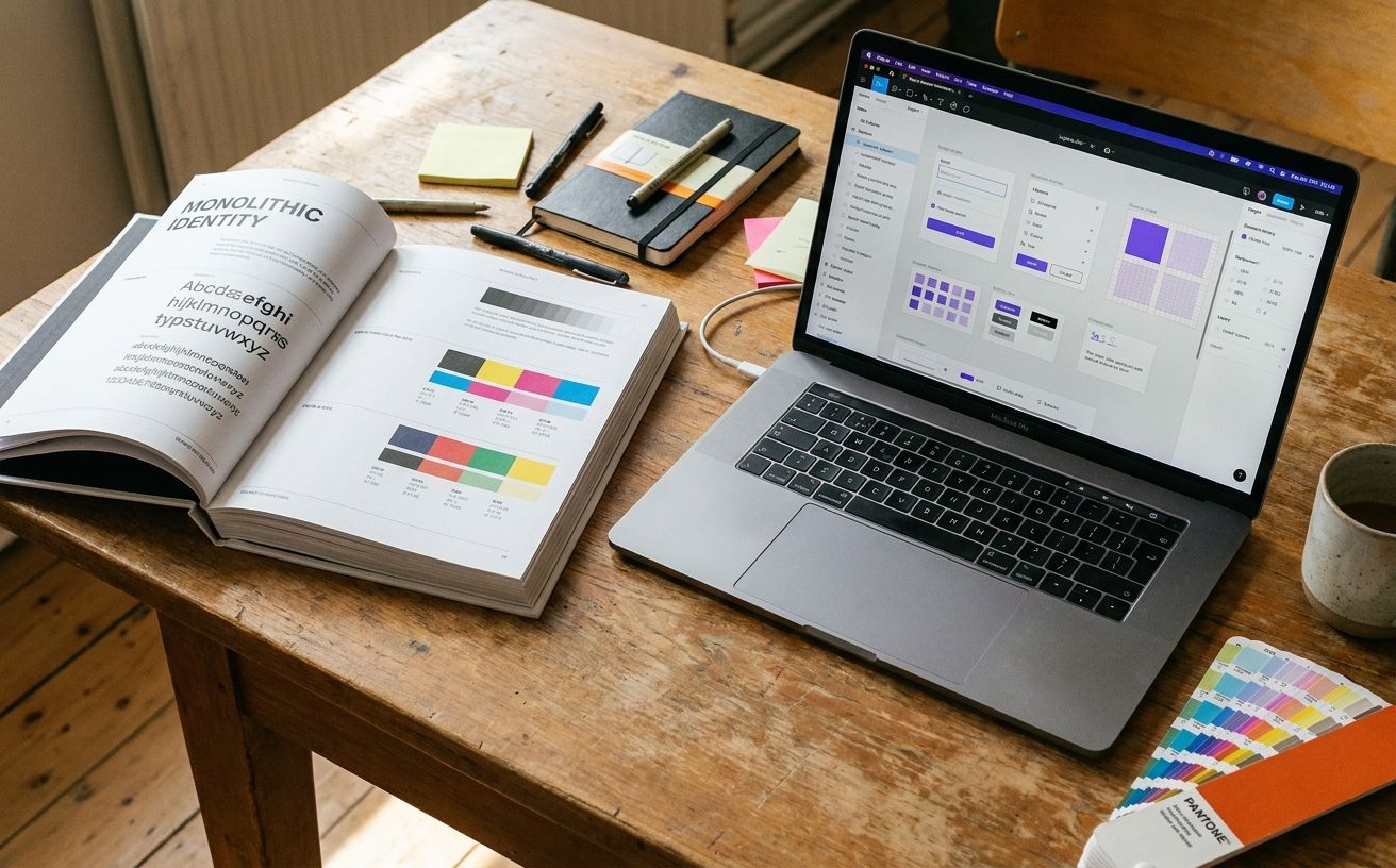A design desk with a thick printed brand guidelines book on the left and a laptop showing a Figma design system component library on the right, in warm natural light