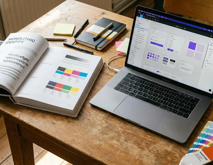 A design desk with a thick printed brand guidelines book on the left and a laptop showing a Figma design system component library on the right, in warm natural light