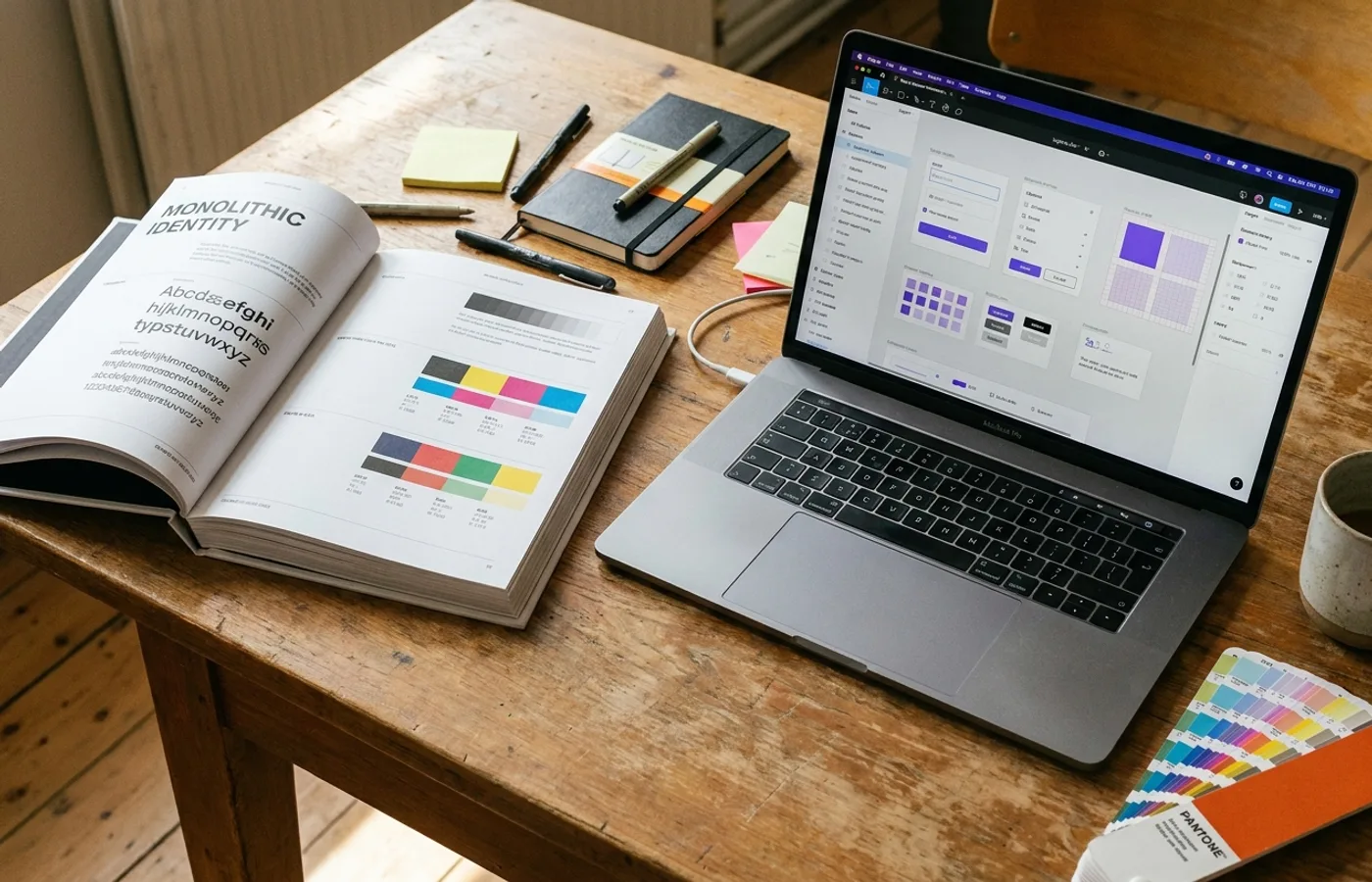 A design desk with a thick printed brand guidelines book on the left and a laptop showing a Figma design system component library on the right, in warm natural light