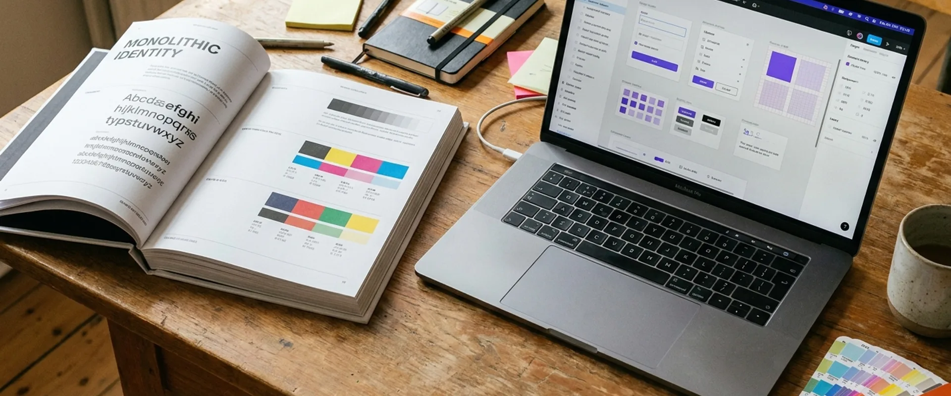 A design desk with a thick printed brand guidelines book on the left and a laptop showing a Figma design system component library on the right, in warm natural light