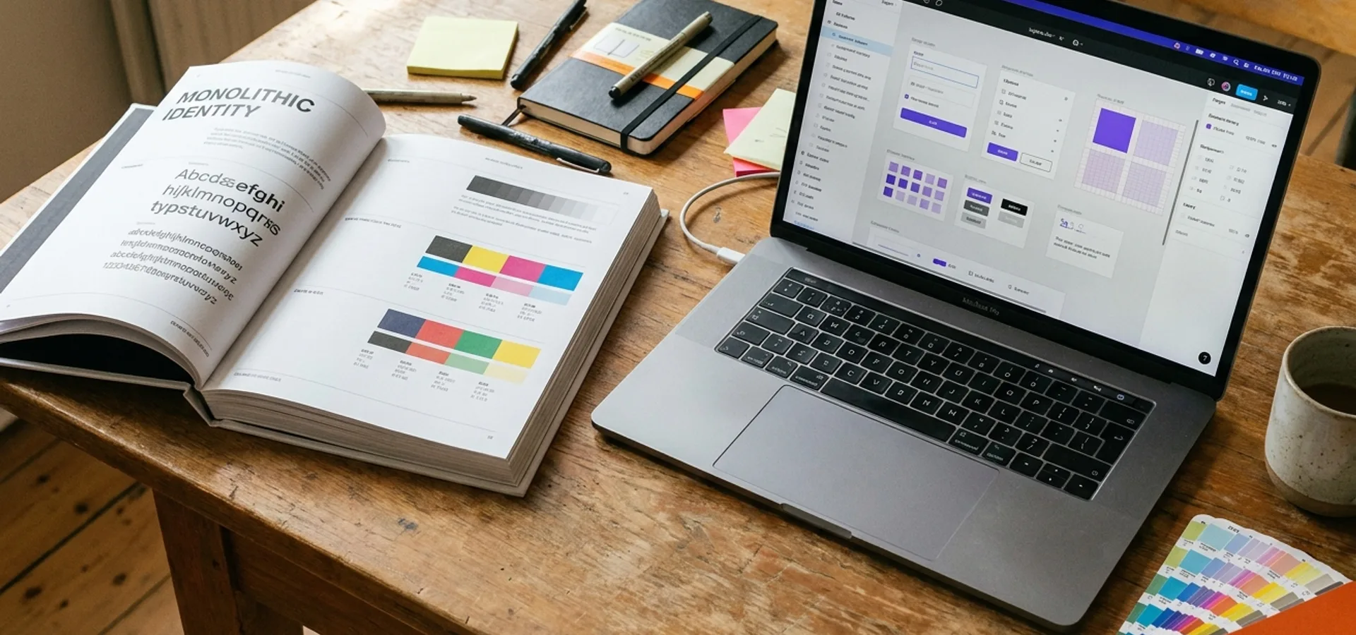 A design desk with a thick printed brand guidelines book on the left and a laptop showing a Figma design system component library on the right, in warm natural light