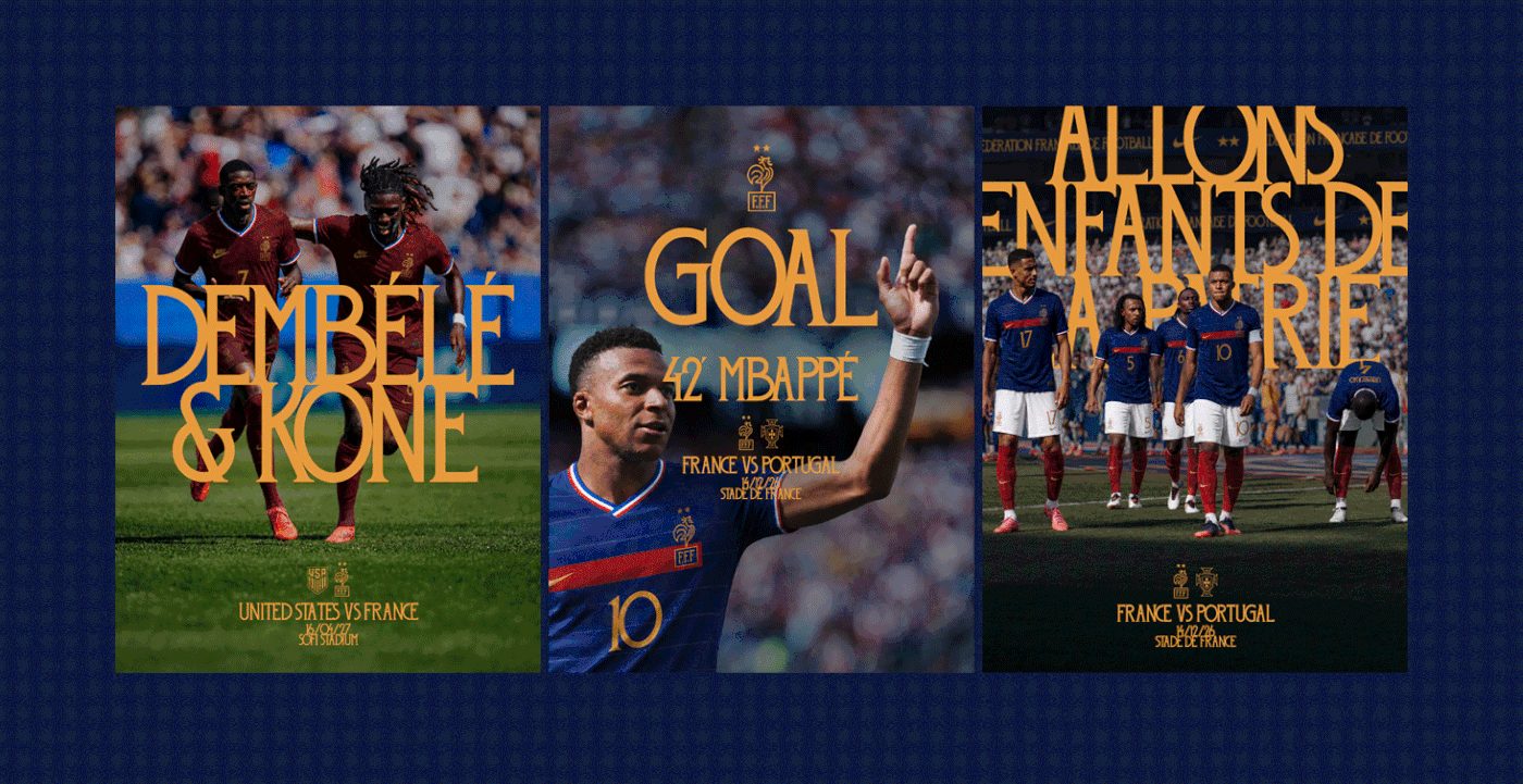 Three football posters on a navy background show France players with gold text, including “DEMBÉLÉ & KONÉ”, “GOAL” and “ALLONS ENFANTS”.