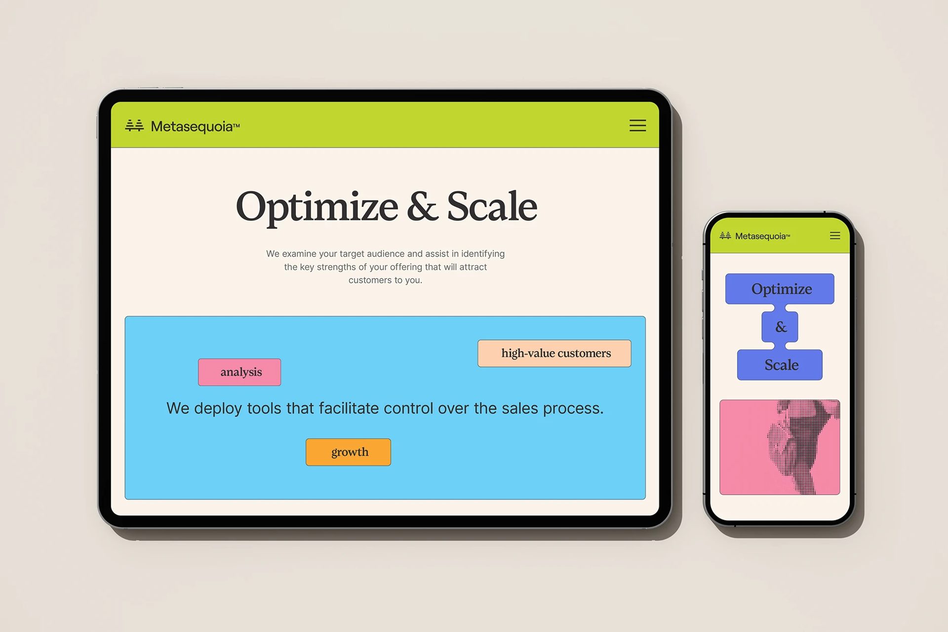Tablet and phone screens show the Metasequoia™ website with lime headers, blue and pink panels, and “Optimize & Scale” text.