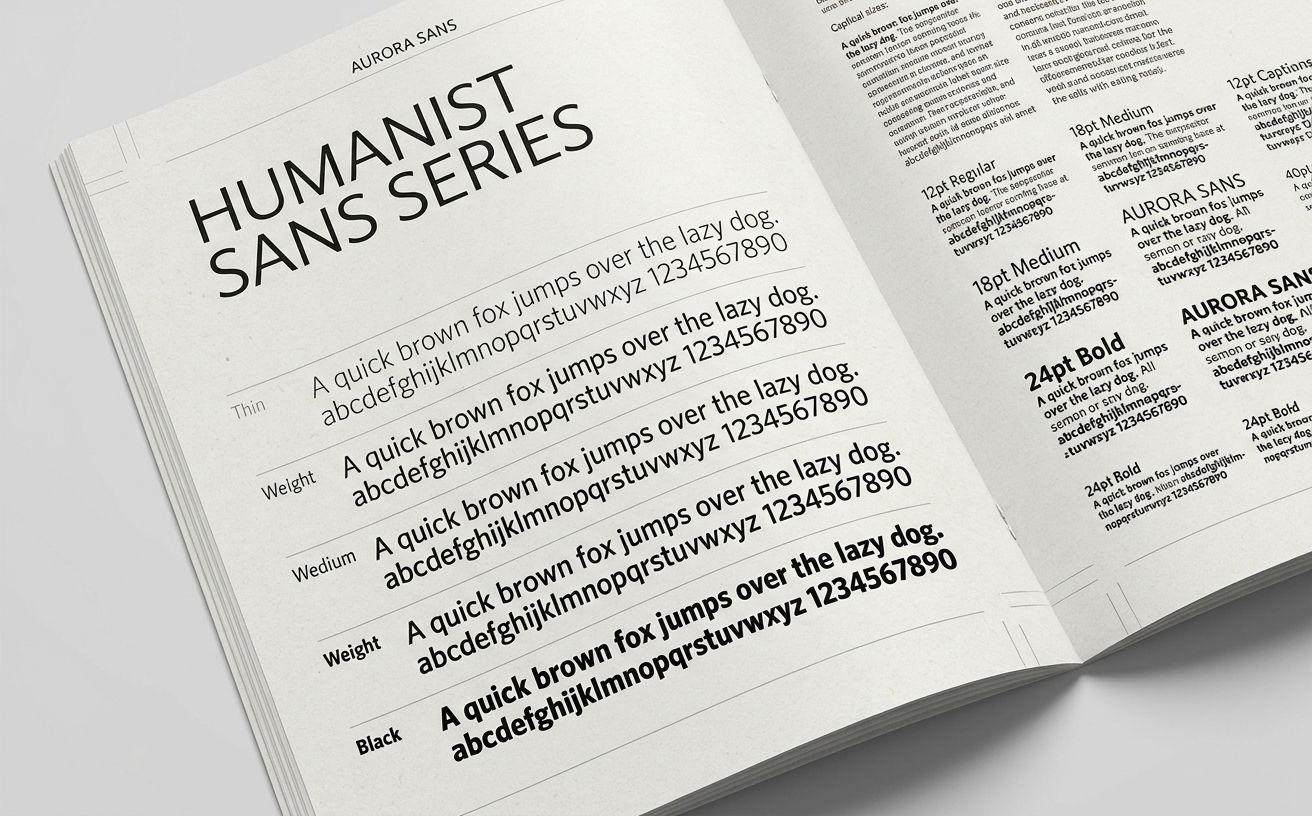 A typographic specimen showing a clean humanist sans-serif at multiple weights and optical sizes on an off-white background, like a type foundry catalog page