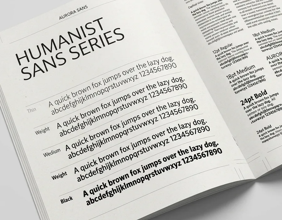 A typographic specimen showing a clean humanist sans-serif at multiple weights and optical sizes on an off-white background, like a type foundry catalog page