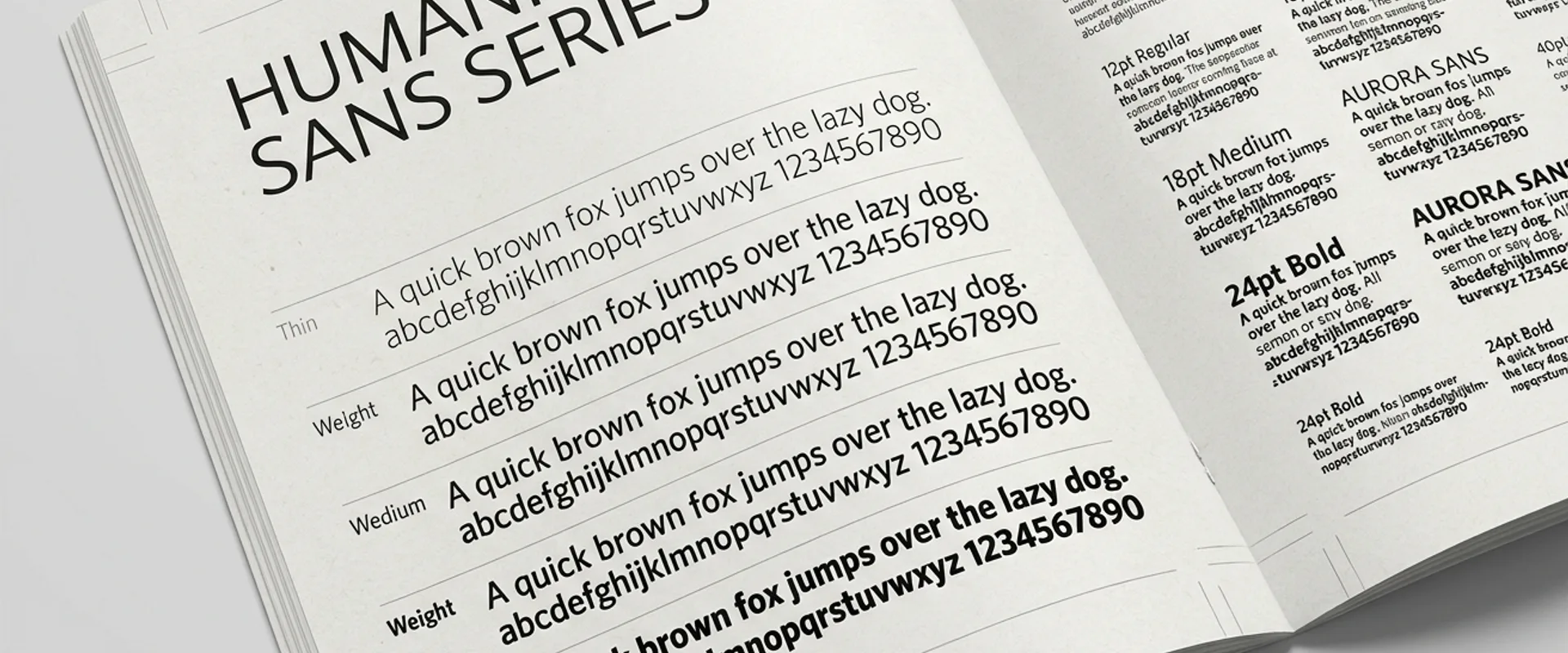 A typographic specimen showing a clean humanist sans-serif at multiple weights and optical sizes on an off-white background, like a type foundry catalog page