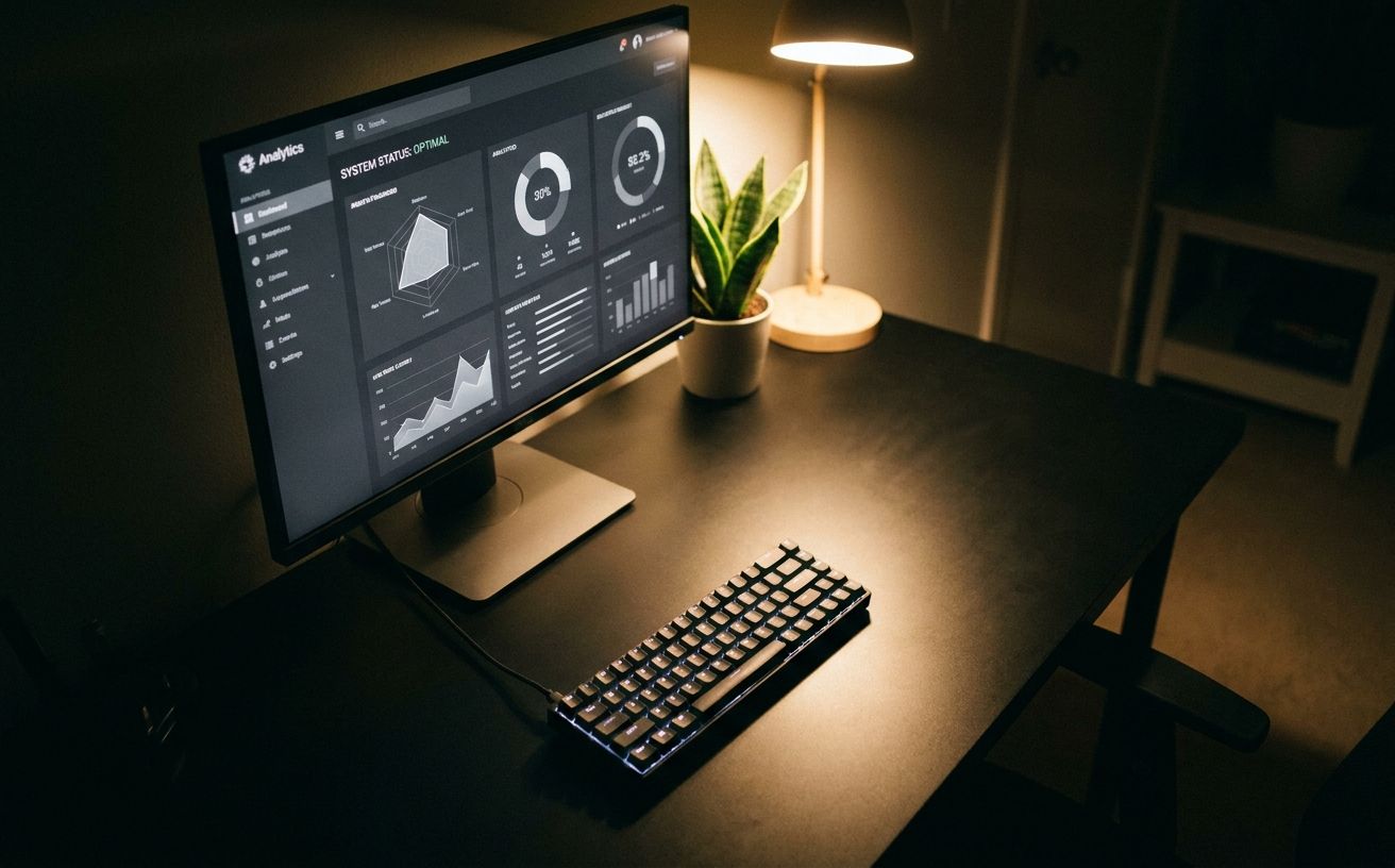 A developer workspace at night with a monitor showing a monochrome dashboard, a mechanical keyboard, a small plant, warm desk-lamp pooling light over black surfaces