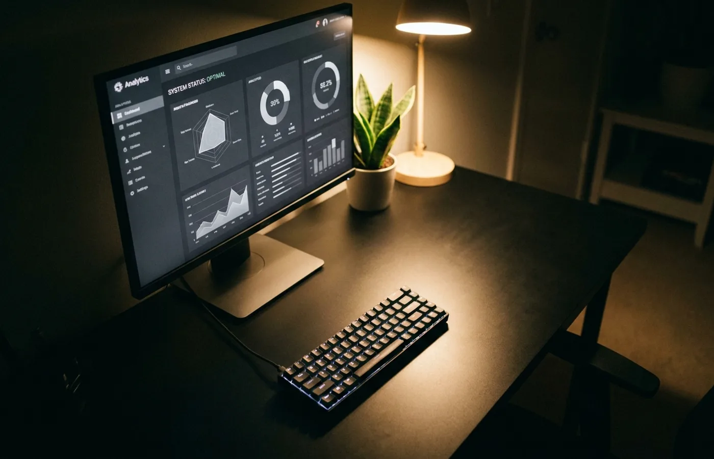 A developer workspace at night with a monitor showing a monochrome dashboard, a mechanical keyboard, a small plant, warm desk-lamp pooling light over black surfaces