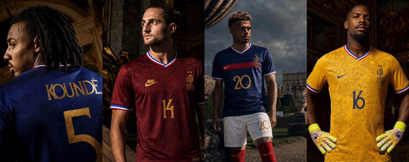 Four footballers model France kits in navy, burgundy and yellow, with KOUNDÉ, 5, 14, 20 and 16 visible in gold or blue.