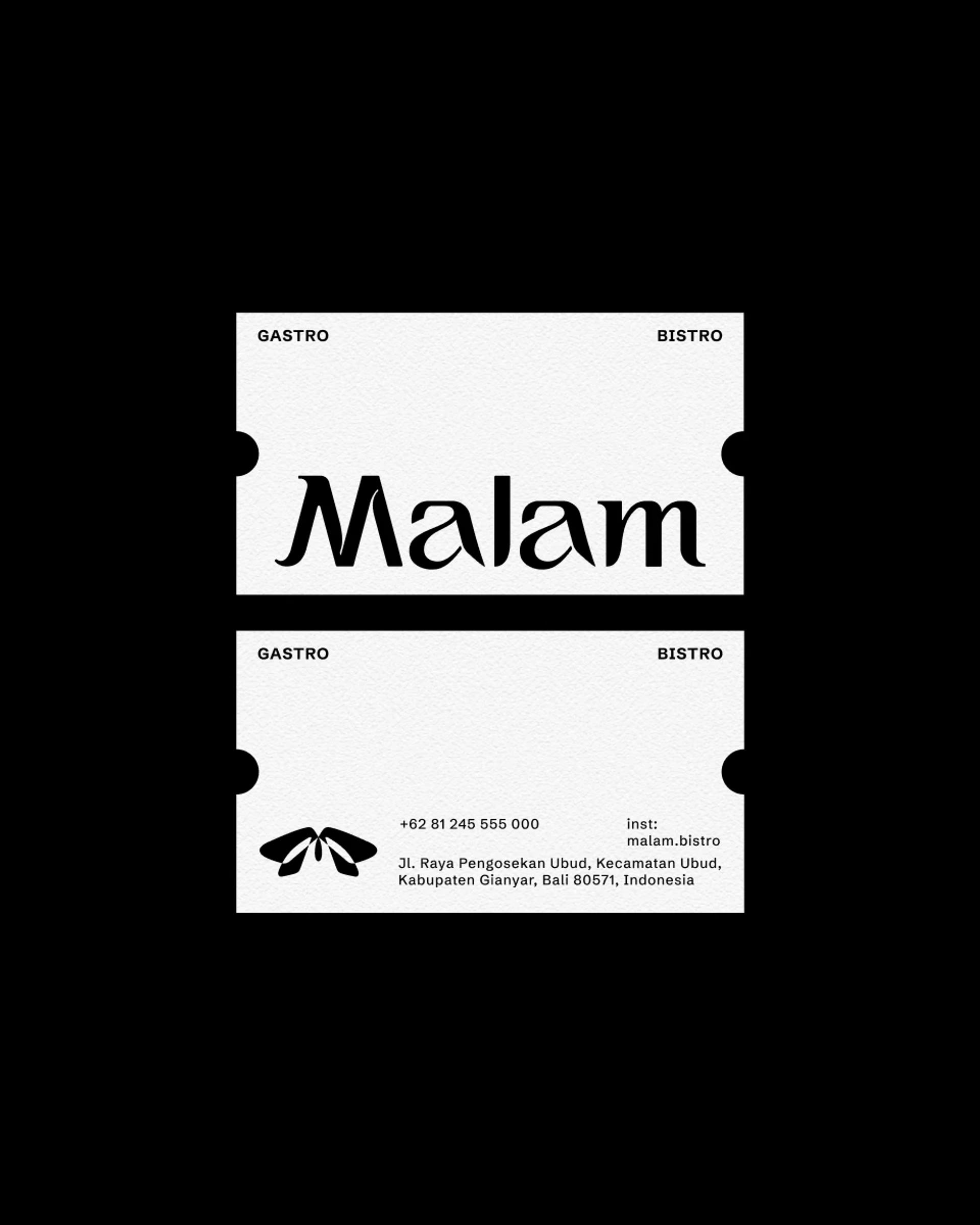 Two white ticket-style cards on black show “GASTRO”, “BISTRO” and the Malam logo, with contact details below.