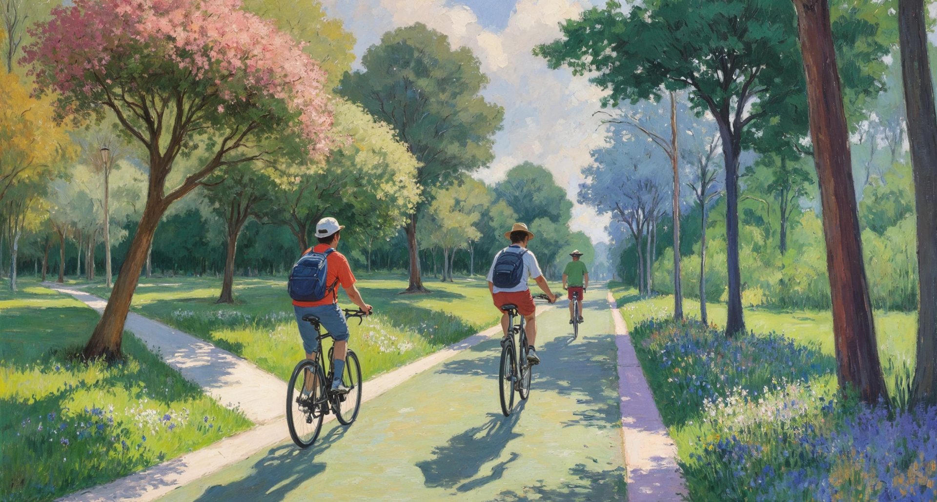 Illustration of three cyclists on a green park path framed by tall trees, pink blossoms and blue wildflowers.