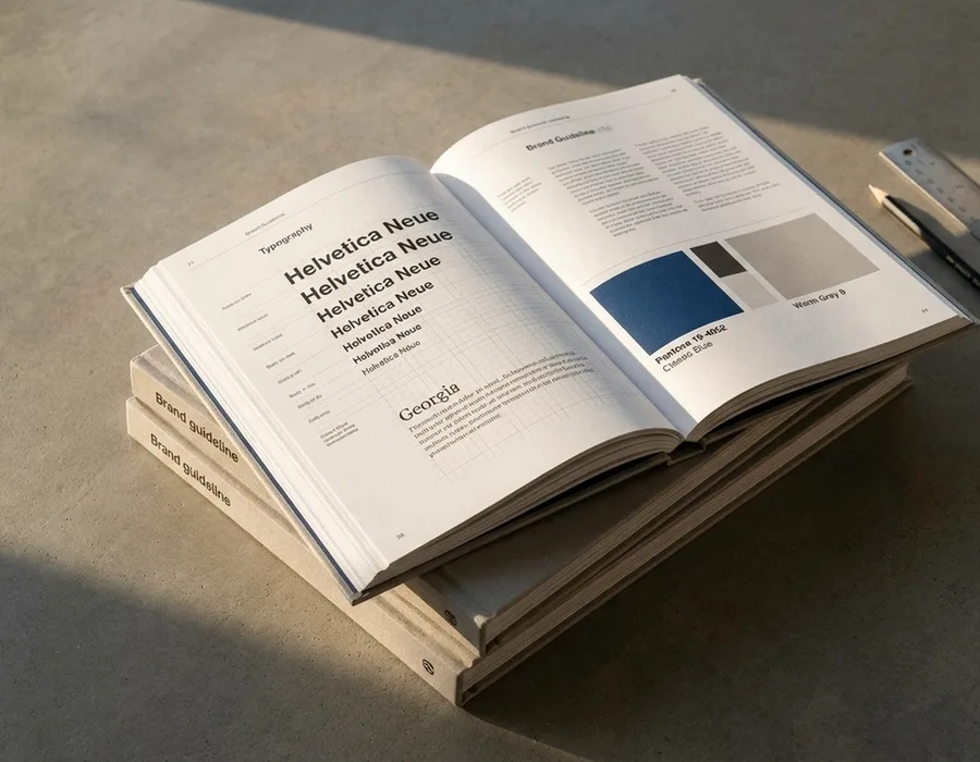 A stack of hardbound brand guideline books on a concrete desk, one open to a typography specimen page with visible grid and color swatches in warm afternoon light