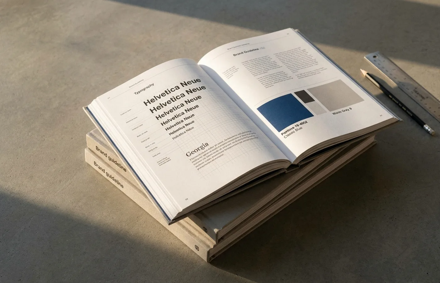 A stack of hardbound brand guideline books on a concrete desk, one open to a typography specimen page with visible grid and color swatches in warm afternoon light