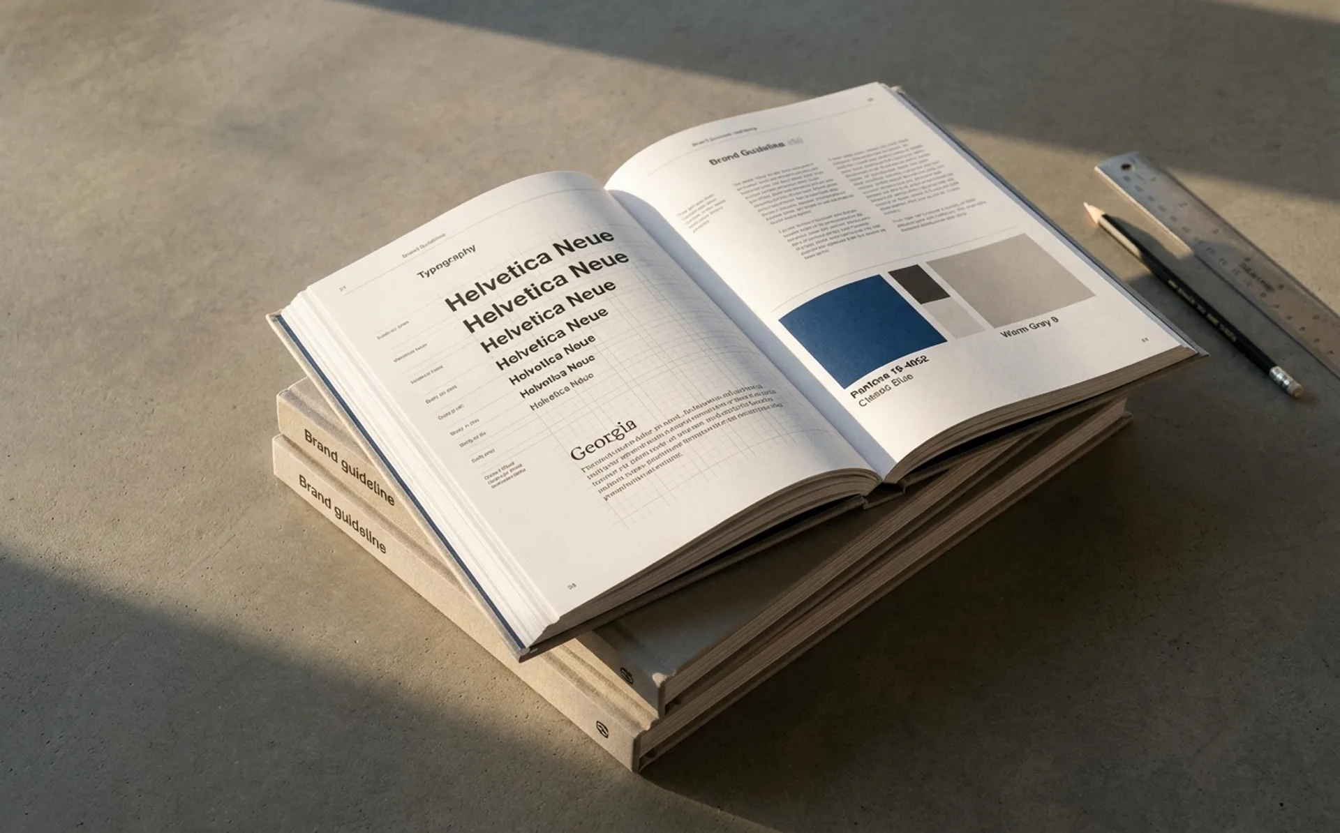 A stack of hardbound brand guideline books on a concrete desk, one open to a typography specimen page with visible grid and color swatches in warm afternoon light