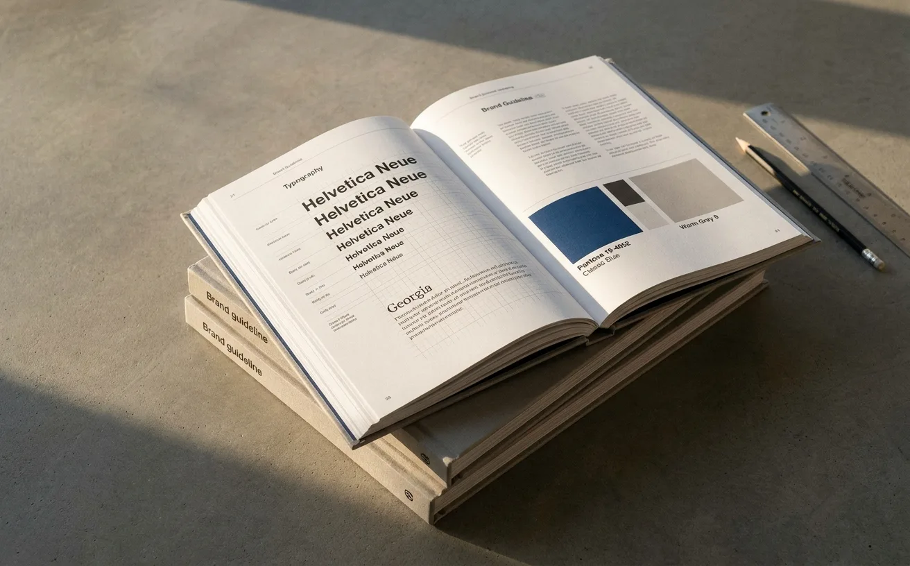 A stack of hardbound brand guideline books on a concrete desk, one open to a typography specimen page with visible grid and color swatches in warm afternoon light