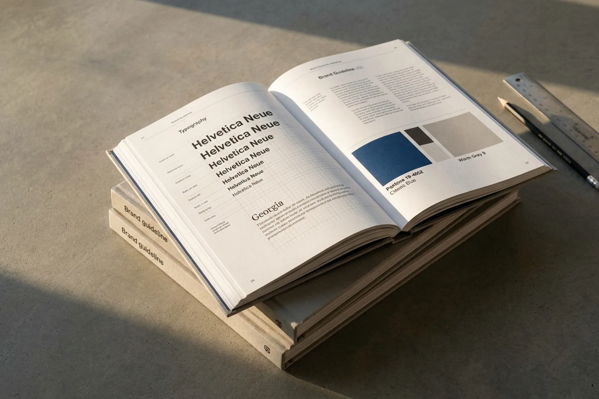A stack of hardbound brand guideline books on a concrete desk, one open to a typography specimen page with visible grid and color swatches in warm afternoon light