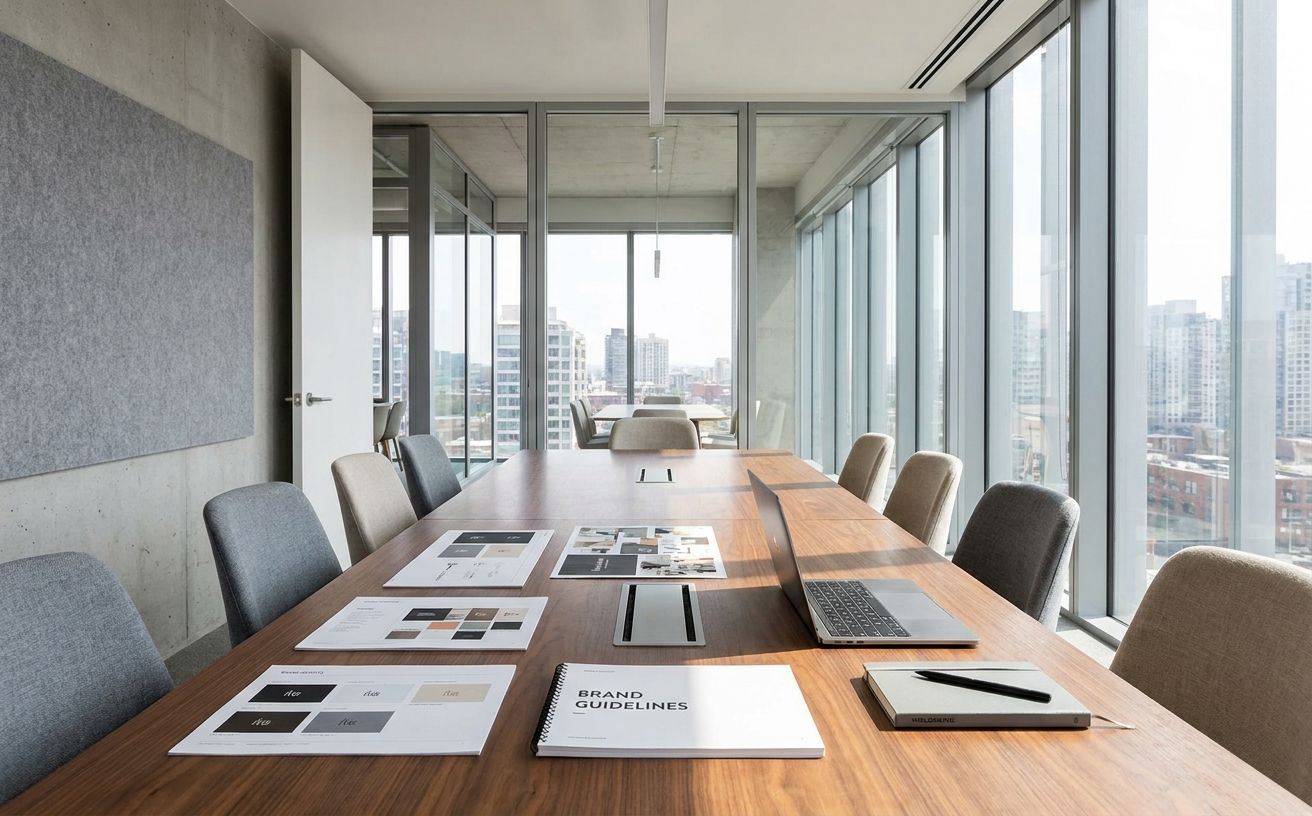 A polished modern corporate boardroom with brand identity prints and guidelines laid out on the conference table under daylight
