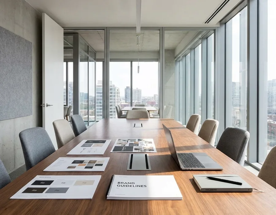 A polished modern corporate boardroom with brand identity prints and guidelines laid out on the conference table under daylight